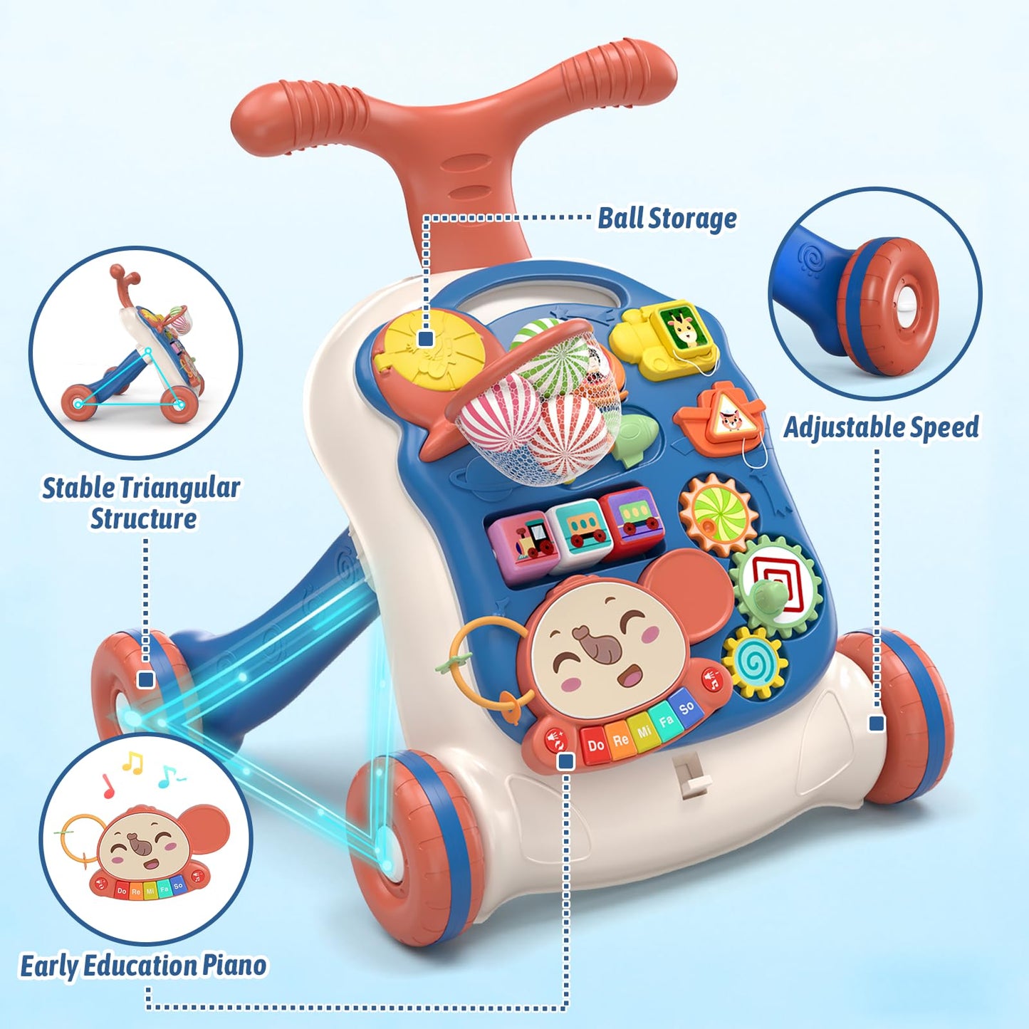 QDRAGON 3 in 1 Baby Walker and Activity Center for Boy 12-18 Months, Blue