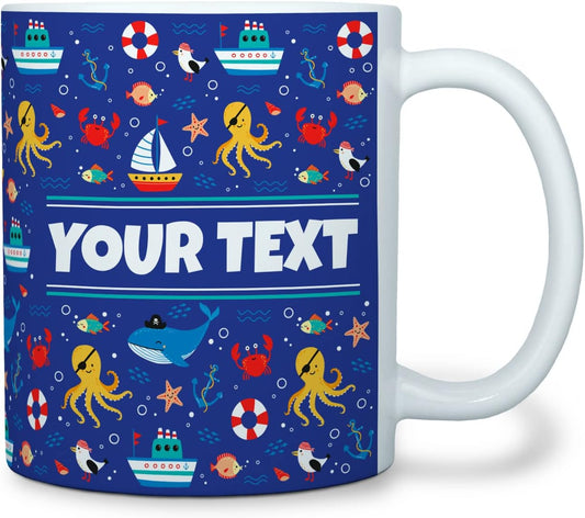 Personalized Mug for Kids - Nautical - Custom Name/Text, Ceramic Hot Chocolate/Cocoa/Coffee Cup for Boys/Girls, Birthday/Christmas/Holiday Gift - 11 oz, White Handle