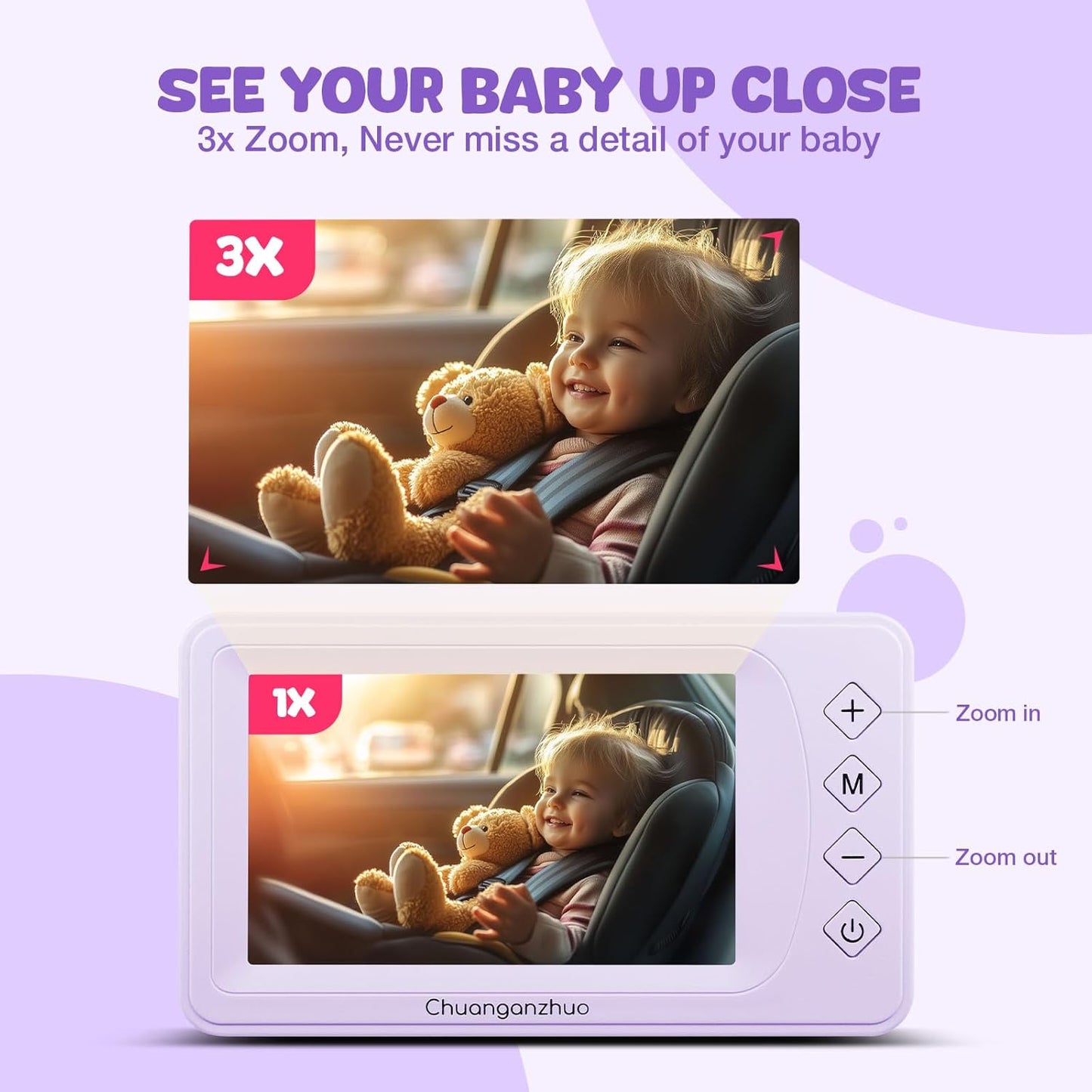 Baby Car Camera with Advanced Crystal-Clear Night Vision, 3X Zoom, USB Powered, 5'' AHD 1080P IPS Car Baby Monitor, Backseat Camera for Kids Infants Rear Facing Mirror, 5inch, Purple