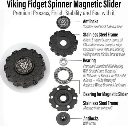 FREELOVE Metal Fidget Spinner Magnetic Slider, Viking Pirate Spinning Haptic Clicker, Heavy Stainless Steel Spin Clicky, Small Round Gear Click Gyro, Premium Silent Bearing, Adults Anxiety Cool, Black