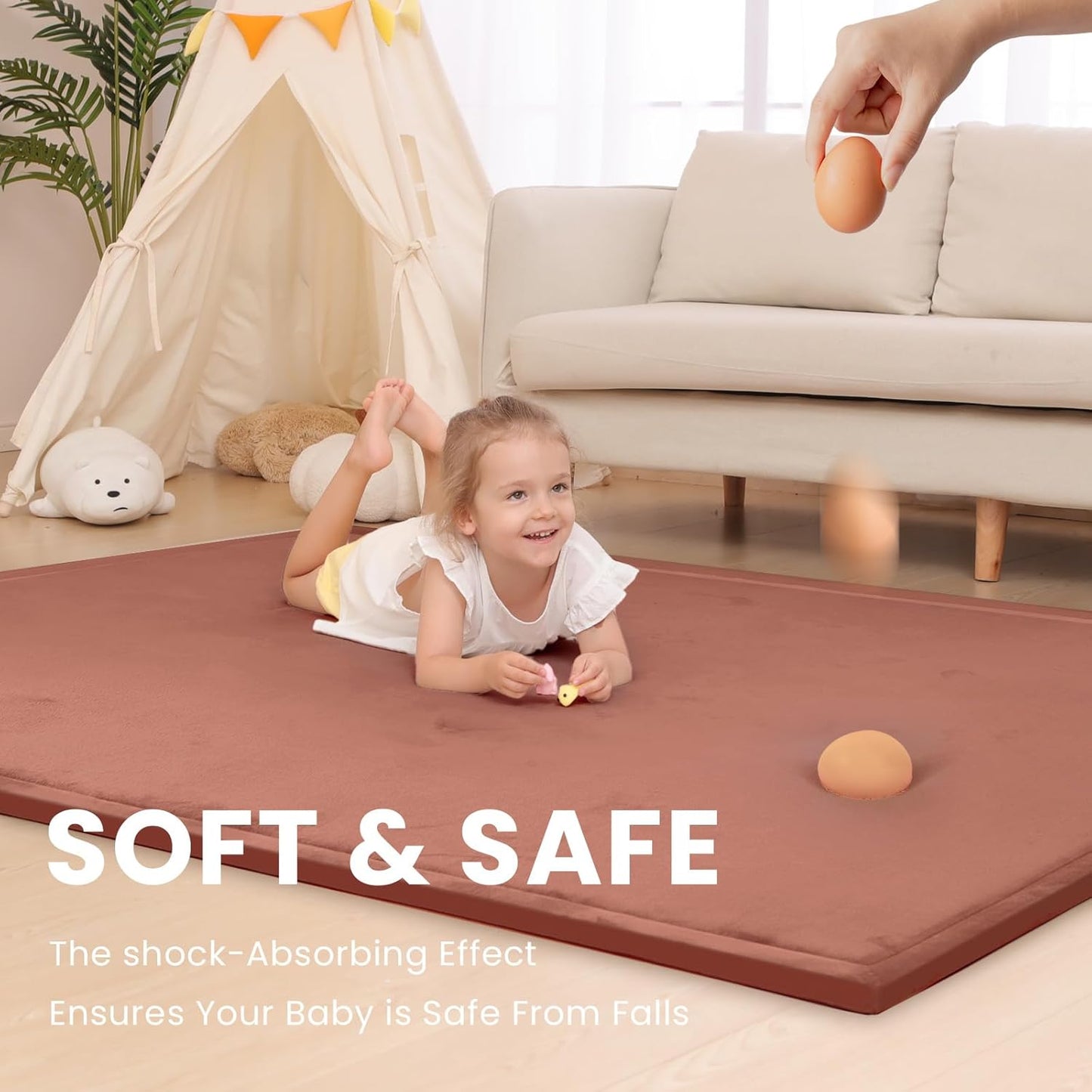 Baby Play Mat for Floor,1.3" Thick Memory foam Tummy Time Mat,Water Repellent Soft Coral Velvet Nursery Rug,Extra Large Non Slip for Crawling,Toddlers,Infants,kids,Tatami Style for Living Room(Brick)