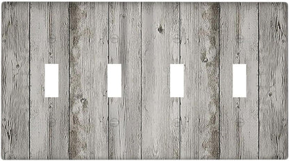 Light Switch Covers Farmhouse Rustic Grey Barn Door Wood Quad Toggle Electrical Faceplate 4 Gang Wall Plate Decorative Switch Plates for Bedroom Cabin Decor