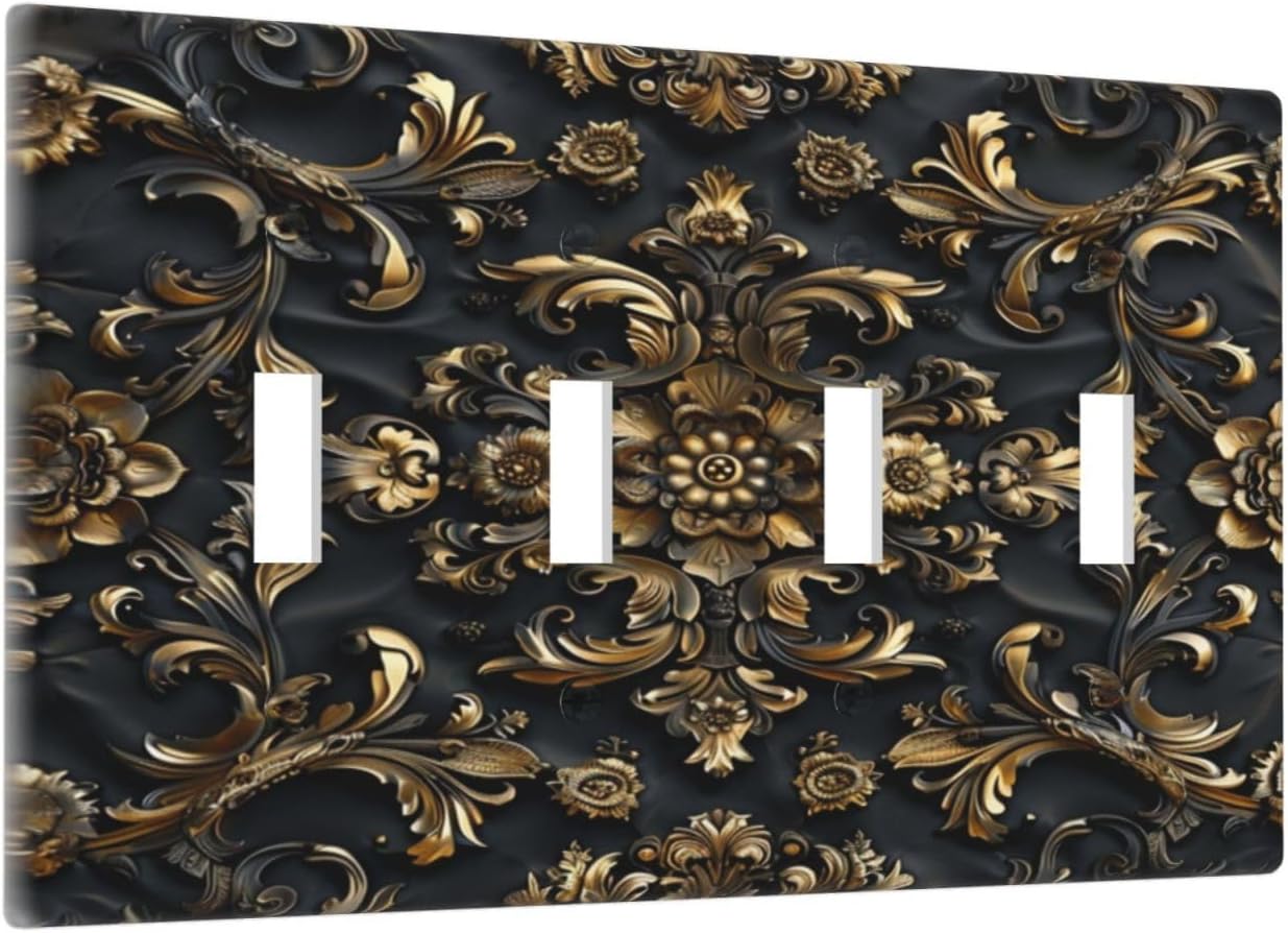 Decorative Switch Covers Plate Rococo Vintage Black Golden Leaf Morris Vine 4 Gang Artistic Wall Plate Unique Quad Toggle Light Switch Plate Jumbo Faceplate for Bedroom Home Decor