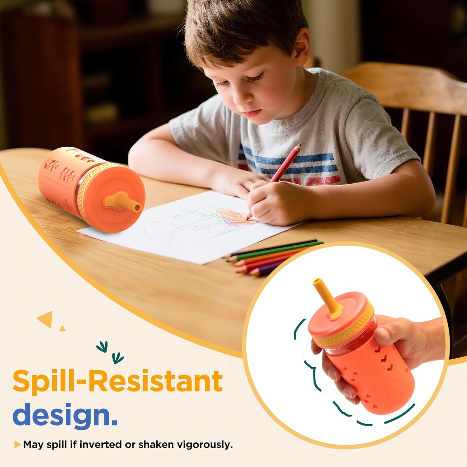 Tronco 12 oz Glass Sippy Cup for Kids & Toddlers | Mason Jar Smoothie Cups with Spill-Proof