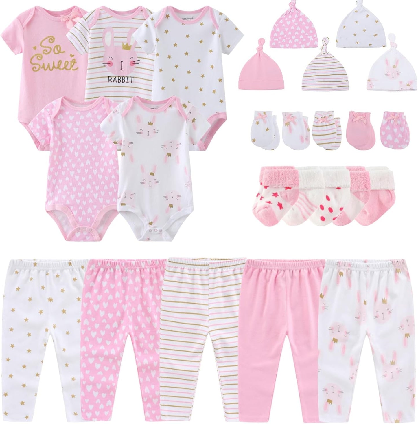 Newborn Layette Gift Set Bodysuits Pants for Baby Girl and Boy 24 Piece 100% Cotton Essentials and Accessories