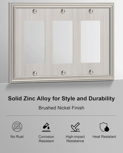 2-Pack Decorative Tripple Decorator Outlet Cover Plate, Durable Zinc Alloy Brushed Nickel Wall Plates for Electrical Outlets, Receptacle, GFCI Outlet, Dimmer Switch, 3-Gang