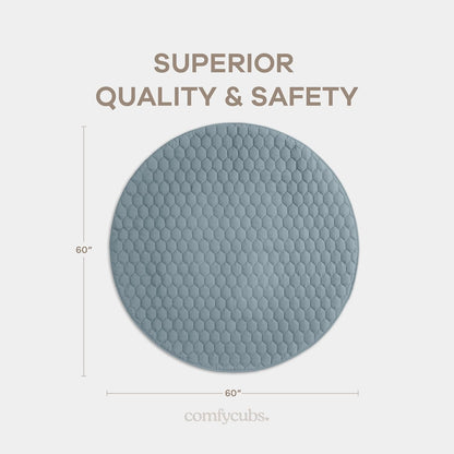 Comfy Cubs Round Kids Play Mat - Large 60 inches Soft Quilted Baby Floor Mat with Non-Slip Bottom - Plush Design for Toddlers' Playtime and Relaxation - Comfortable and Durable - Pacific Blue