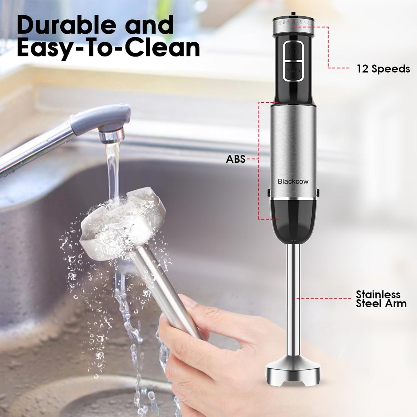 Immersion Blender Handheld, 800W Powerful Electric Hand Blender with Titanium Alloy Blades, 12