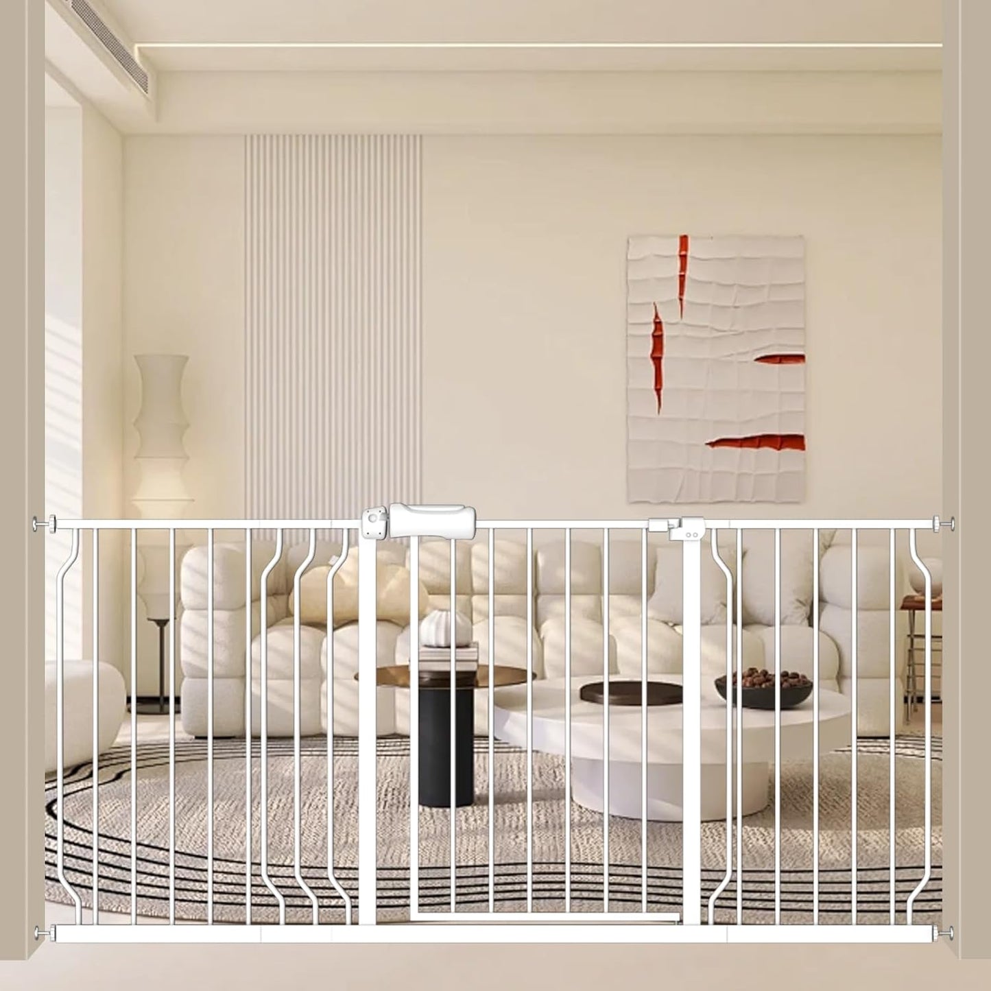 ALLAIBB Extra Wide Baby Gate Pressure Mount with Auto-Close, White Metal Safety Gate for Stairs & Doorways - Child Proof, Pet Barrier for Hallways, Kitchen, Living Room for 62.02-66.93 inch