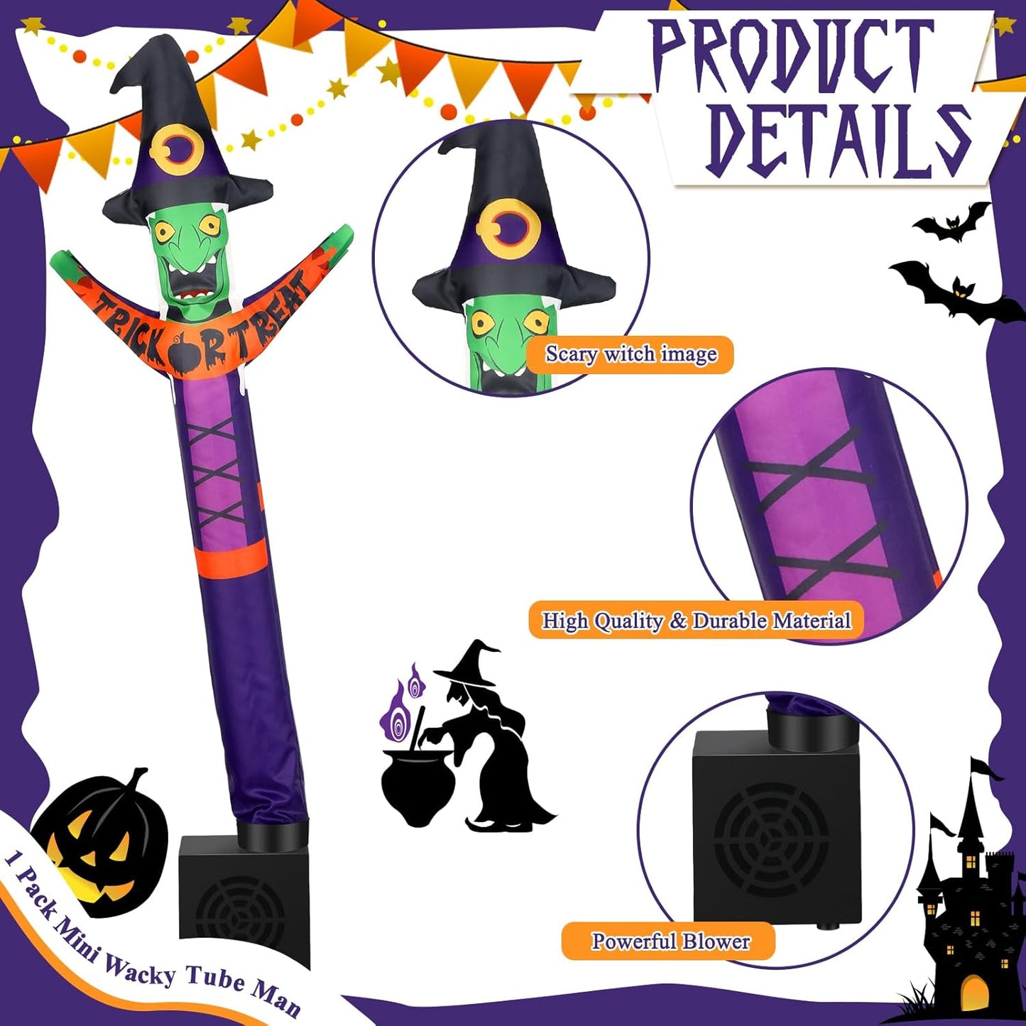 Halloween Wacky Waving Inflatable Tube Guy Gift Witch Mini Inflatable Tube Man with Blower Desktop Ghost Air Tubes Toy Inflatable Man Dancing Small Desk Decorations for Halloween Party Decor