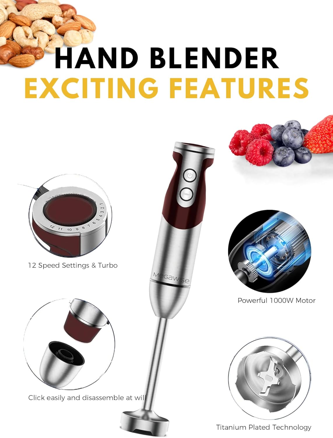 MEGAWISE new Hand Blender Series Single Hand Blender,no attachments,12-Speed,Includes Powerful