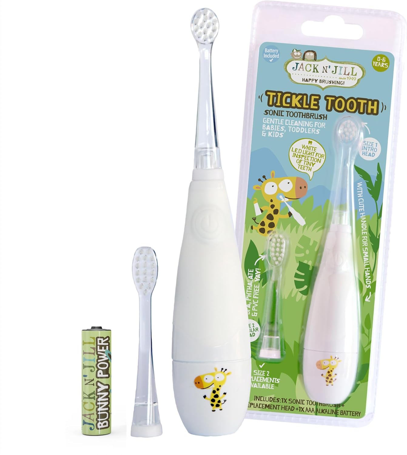 Jack N' Jill Kids Tickle Tooth Sonic Electric Toothbrush and Replacement Head, LED Brush Head with