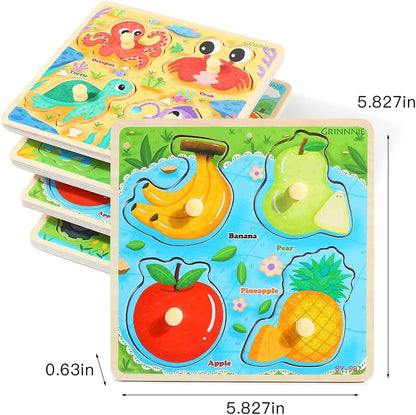 GRINNNIE Wooden Toddler Puzzles, 1 2 3 Years Old Learning Montessori Peg Puzzle Toy Set for Toddlers, 4 Pcs Educational Portable Size Travel Knob Puzzle Toys, Gift for 1-3 Boy Girl Birthday Christmas