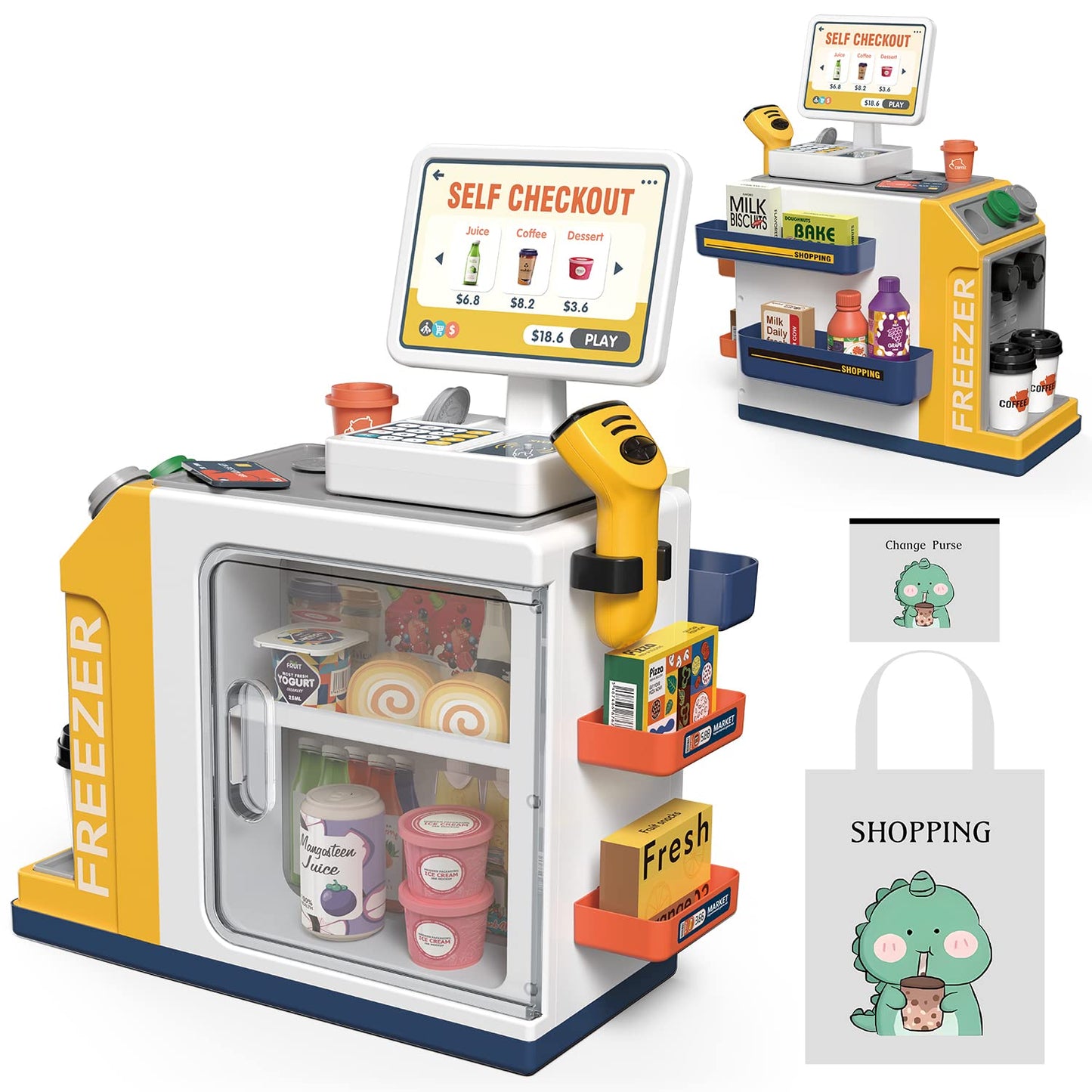 Kids Cash Register Playset - 48PCS Play Money, Calculator, Scanner,Ages 3+
