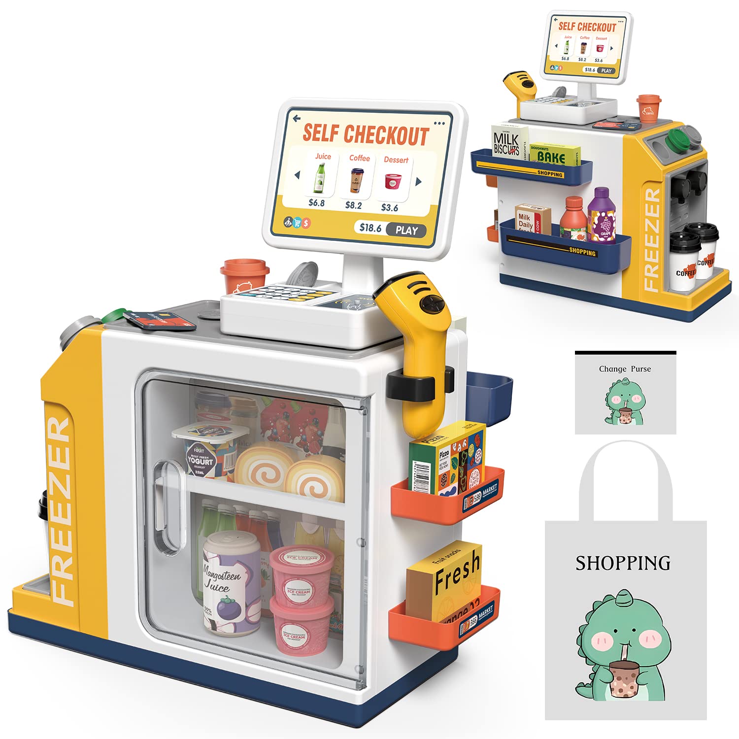 Kids Cash Register Playset - 48PCS Play Money, Calculator, Scanner,Ages 3+