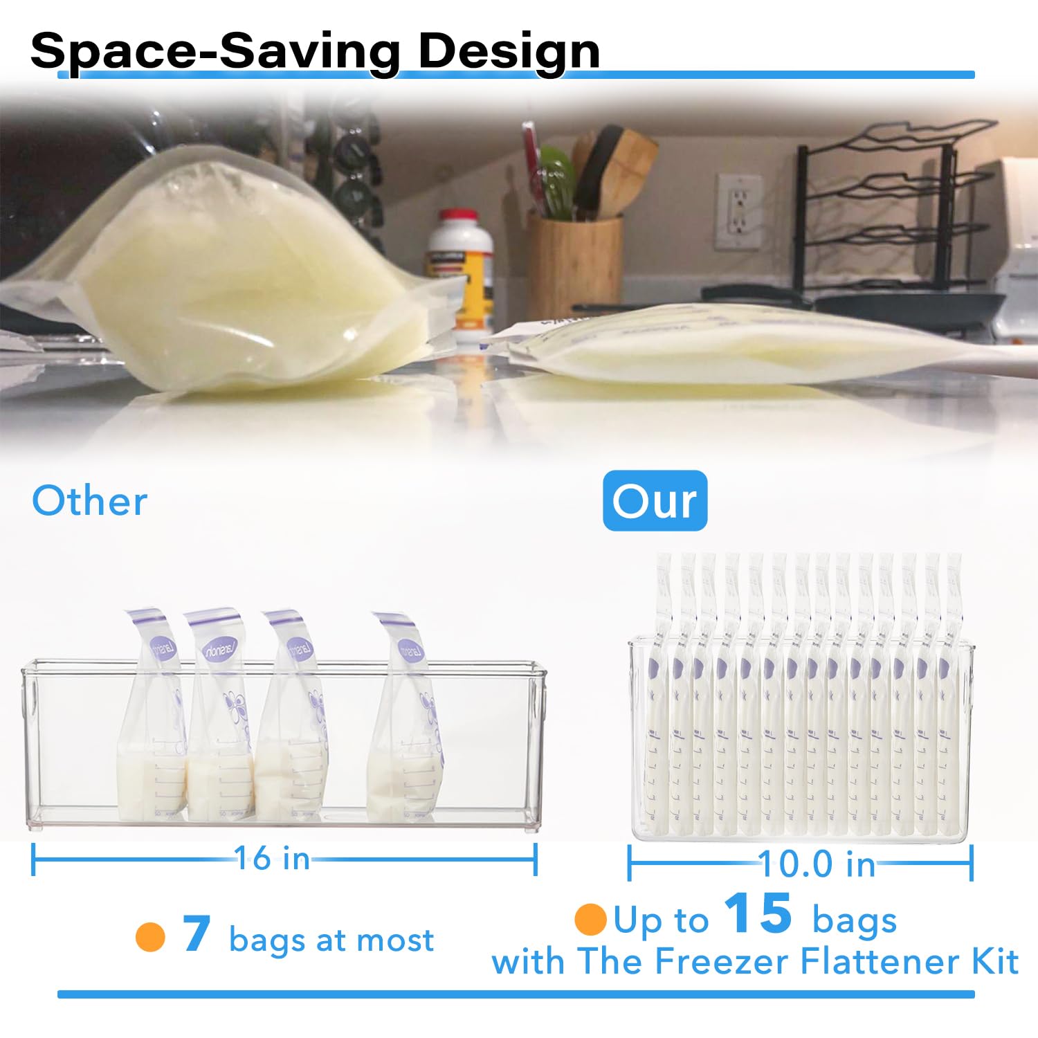 Breastmilk Storage Container with 4 Freezer Flattener Kit to Flatten Standing Breast Milk Bags in