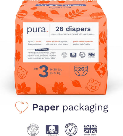 Size 3 Eco-Friendly Diapers (9-20 lbs) Totally Chlorine Free (TCF),Hypoallergenic, Soft Organic Cotton, Sustainable, up to 12 Hours Leak Protection, Allergy UK,26 Count (Pack of 3) (78 Baby Diapers)