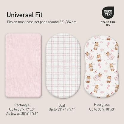 Gllquen Baby Muslin Bassinet Sheets 3 Pack, Breathable Elastic Cozy Fitted Cotton Bassinet Mattress Sheet for Baby Boy Girls, Fit for Hourglass Oval Rectangular Cradle Pad Sheets 33"x17" (Bear Dream)