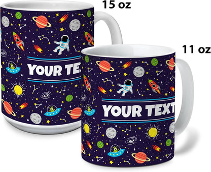 Personalized Mug for Kids - Outer Space - Custom Name/Text, Ceramic Hot Chocolate/Cocoa/Coffee Cup for Boys/Girls, Birthday/Christmas/Holiday Gift - 11 oz, Black Handle