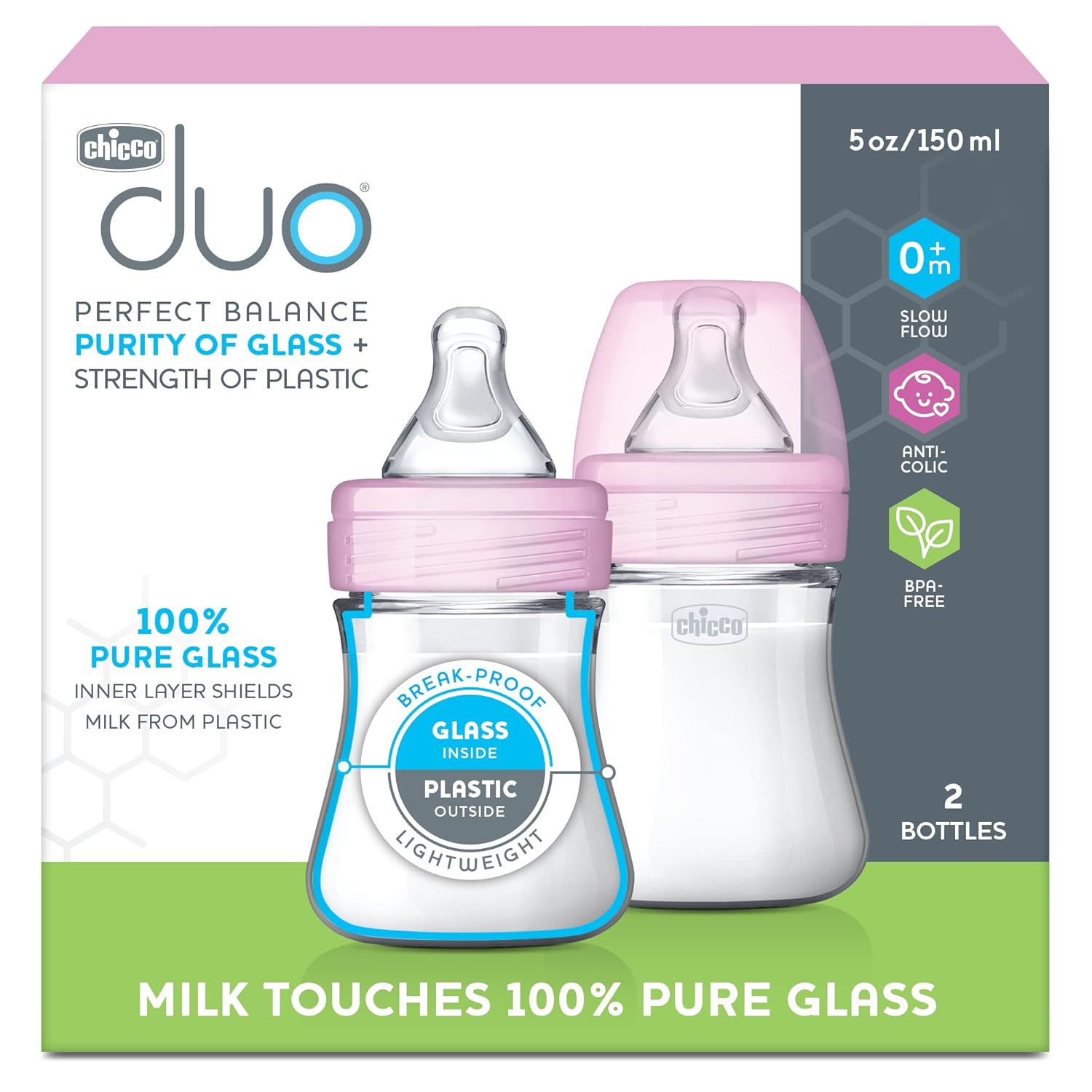 Chicco Duo 5oz. Hybrid Baby Bottle with Invinci-Glass Inside and Plastic Outside | Dishwasher