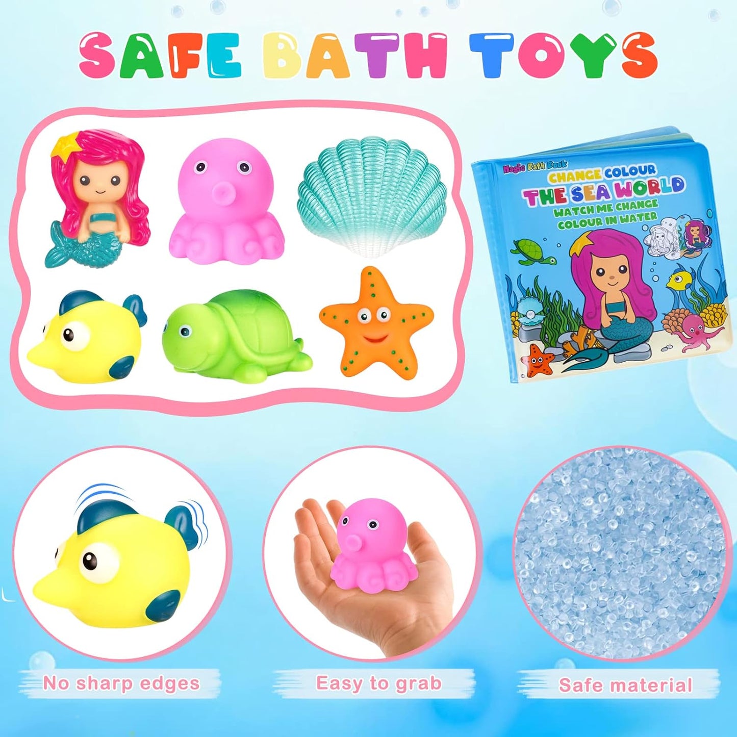 Light Up Bath Toys for Toddlers Kids Girls Baby, No Hole Glow Bath Toys with Bath Book & Organizer