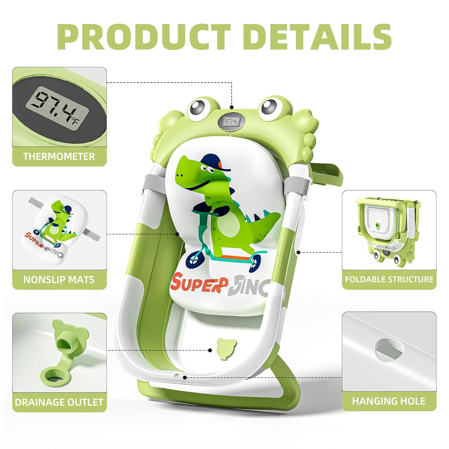 Collapsible Baby Bathtub for Newborns to Toddler with Real-time Temp Monitor & Floating