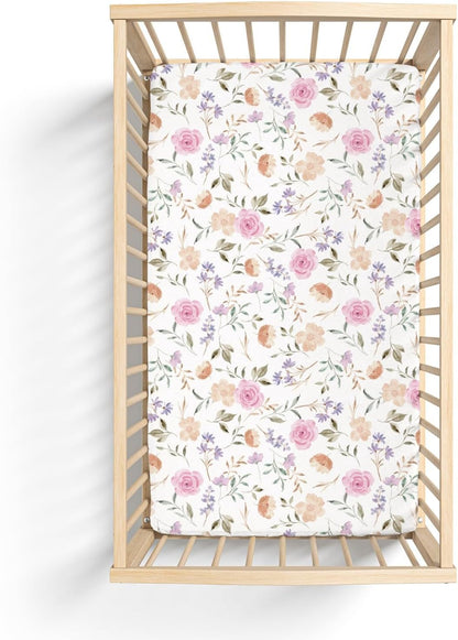 Organic All in One Crib Sheet and Mattress Protector - Waterproof Protectors - Reusable Washable – Fits Cribs – 52”x28”- with 9” Skirt Flower