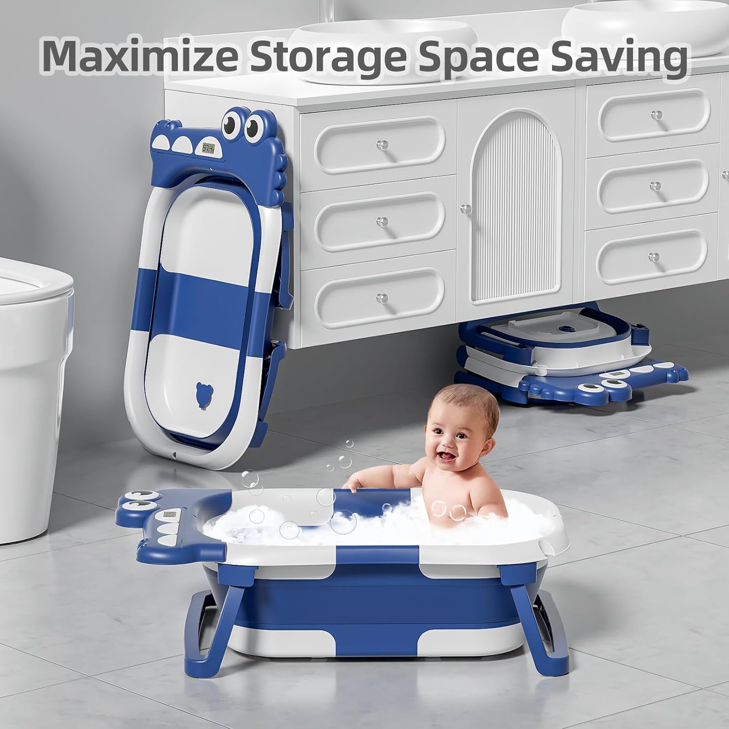 MoreFeel Collapsible Baby Bathtub for Newborn with Thermometer & 1 Hooded Towel & 1 Soft Floating