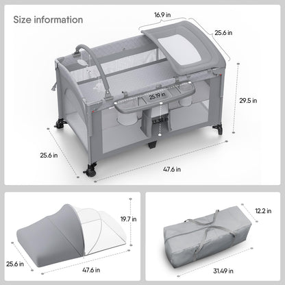 4 in 1 Baby Bassinet, Pack and Play, Bedside Crib Sleeper, Diaper Changer - Comes with Mattress, Mosquito Net，Bottom Storage and Toy Bar for Newborn to Toddles