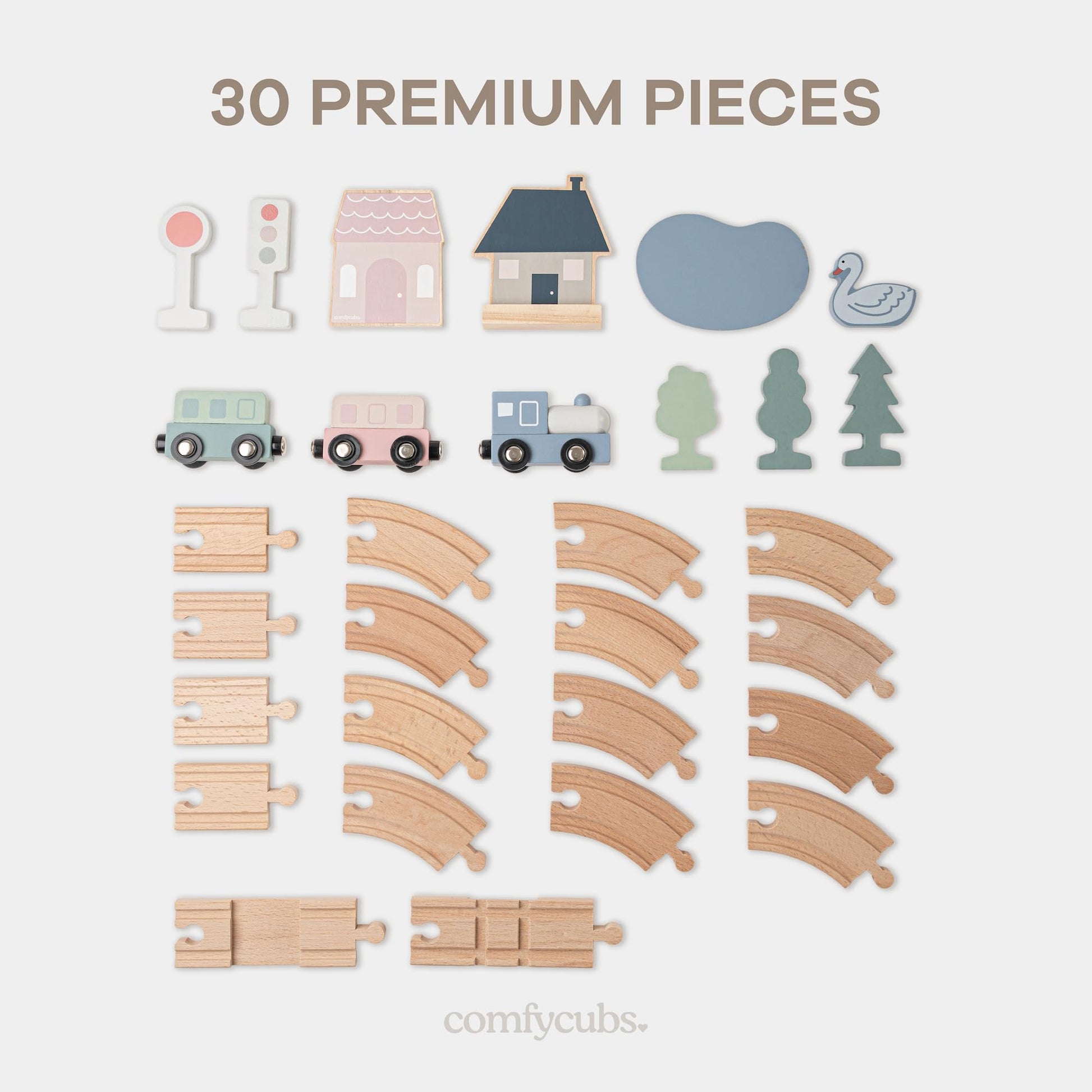 Comfy Cubs 30-Piece Wooden Train Set for Toddlers Ages 1+, Fun & Eco Friendly Toddler Train Set