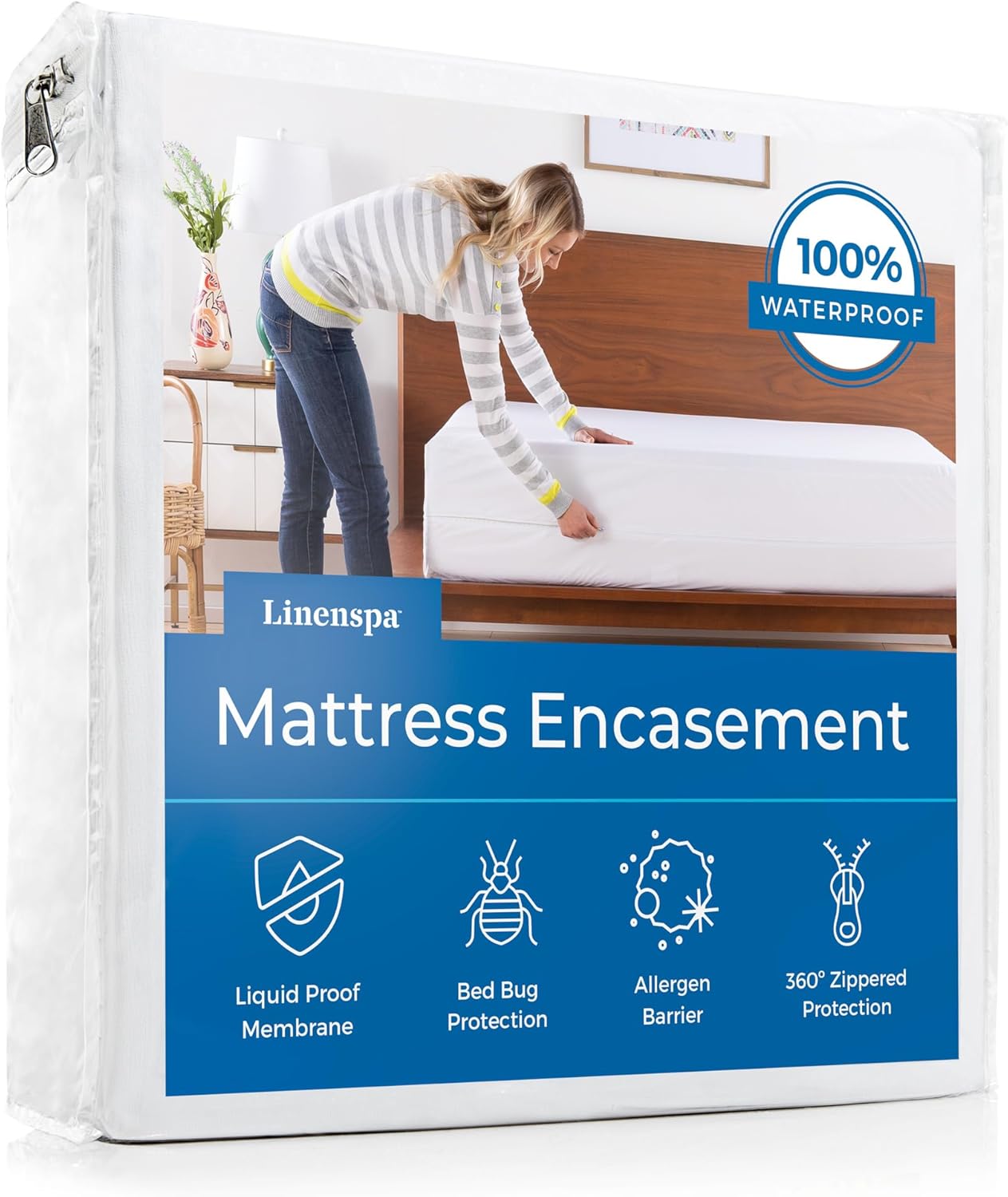 Linenspa Zippered Mattress Encasement – Full XL Size Waterproof Mattress Protector – Quiet Cover & Complete protection – Dorm Room Essentials, White