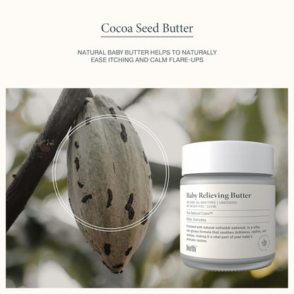 Baby Relieving Butter - Natural Cocoa Seed Butter with Colloidal Oatmeal Diaper Cream for Itchy, & Irritated Skin - Non-Greasy Formula to Soothe Rashes & Dryness - Gentle Baby Moisturizer 4oz