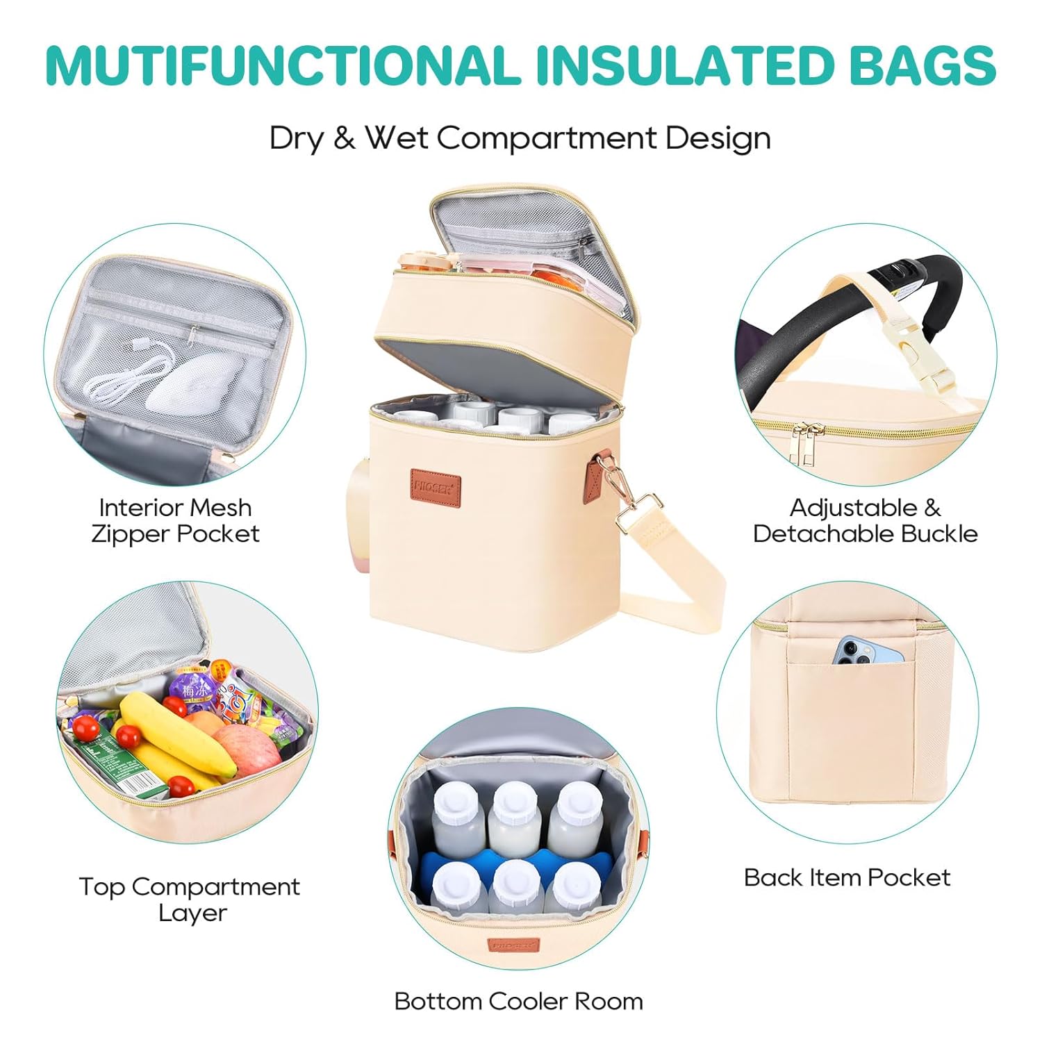 PIIOSER Breastmilk Cooler Bag with Ice Pack Fits 6 Baby Bottles Up to 9 Ounce, Insulated Baby