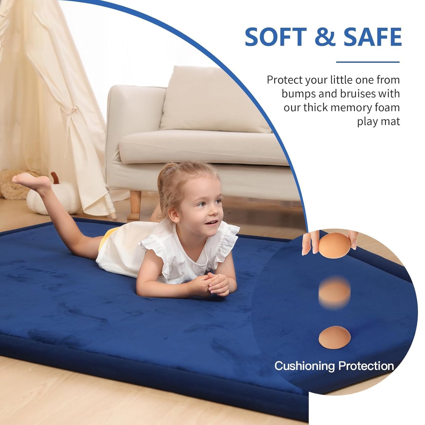 Baby Play Mat for Floor,1.3" Thick Elasti-Foam 74×50 Playpen Mat for Toddlers Infant kids,Water-Repellent Soft Coral Velvet for Tummy Time, Non-Slip Backing for Crawling,Tatami Style(Dark Blue)