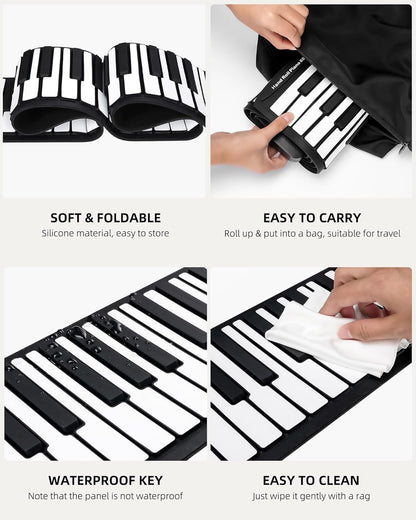 88 Keys Roll Up Keyboard Piano, Portable Electric Foldable Piano with Sustain Pedal, 14 Songs, 128 Tones, 128 Rhythms, Rechargeable & Dual BT Function, Music Gift for Beginners