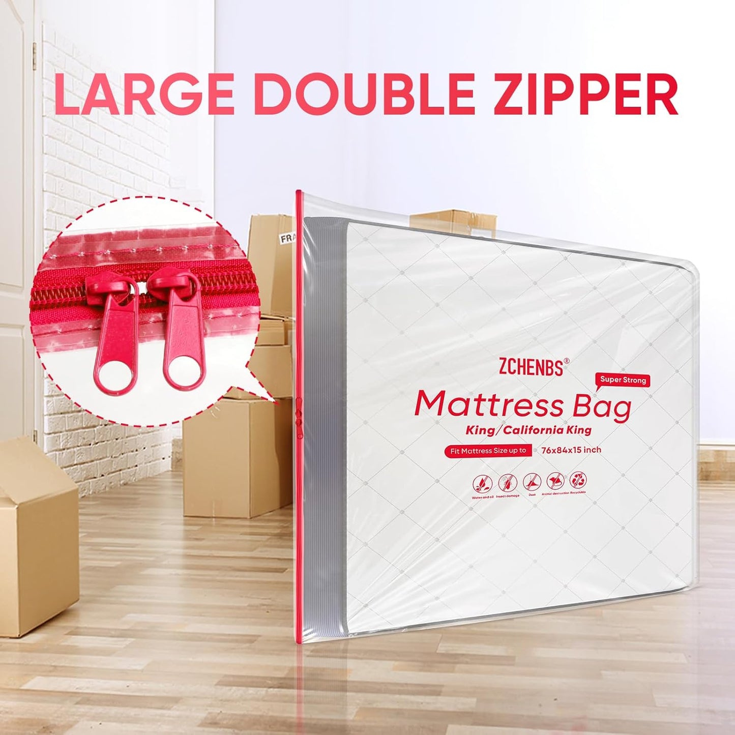 ZCHENBS® – Mattress Bags for Moving and Storage,Mattress Bag with Zippers,5 Mil Ultra-Thick Bed Bag,Waterproof,Anti-Tear,Heavy-Duty Mattress bag (Transaparent/Red, King/California King-(1 Pack）)