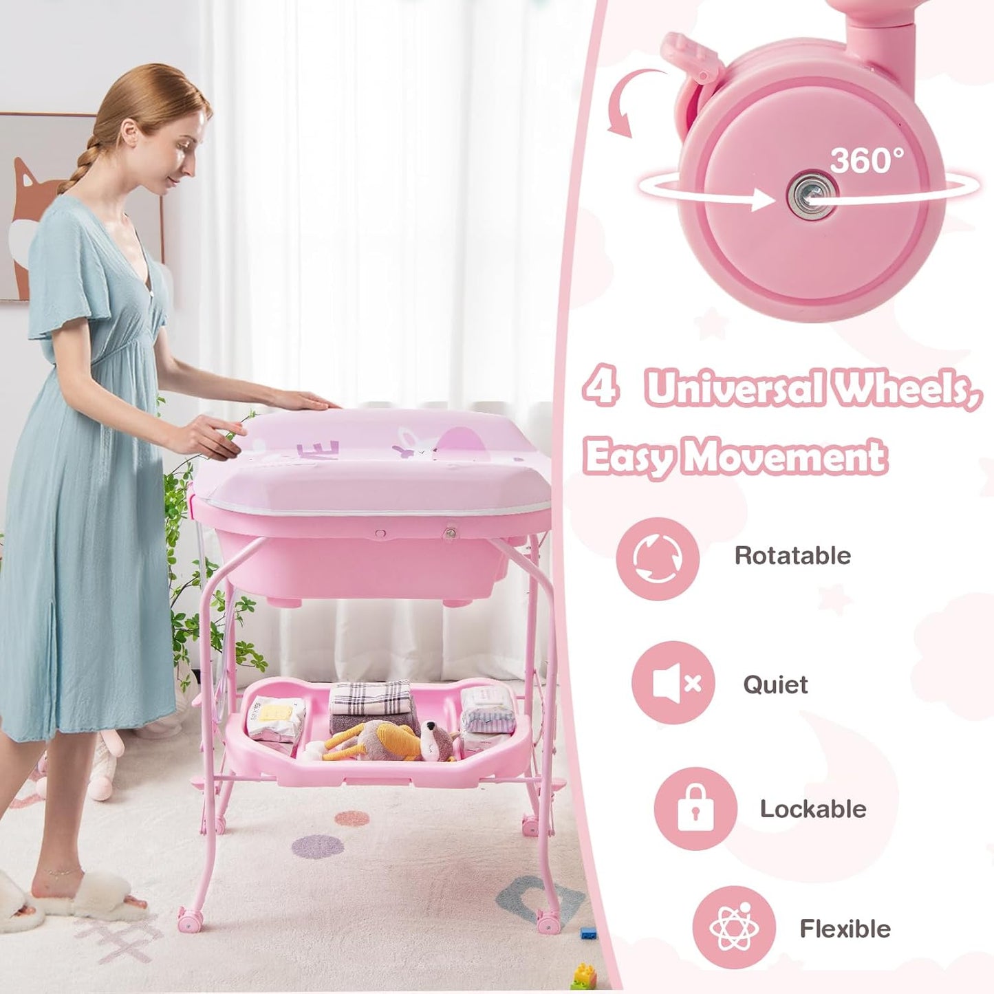 HONEY JOY Baby Changing Table with Bathtub, Foldable Infant Diaper Changing Station with Wheels