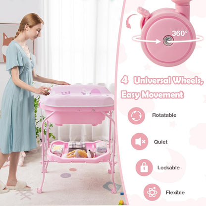HONEY JOY Baby Changing Table with Bathtub, Foldable Infant Diaper Changing Station with Wheels