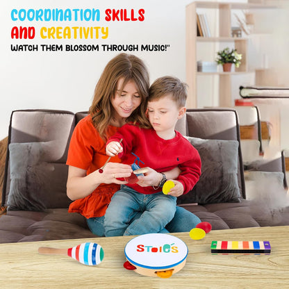 Stoie's Wooden Kids Musical Instruments for 1-5 Years Old, Baby Percussion Toys with Xylophone, Maracas, Tamburine, Durable, Safe to Play, Clear Loud Sound, Kid-Friendly Size, with a Storage Bag
