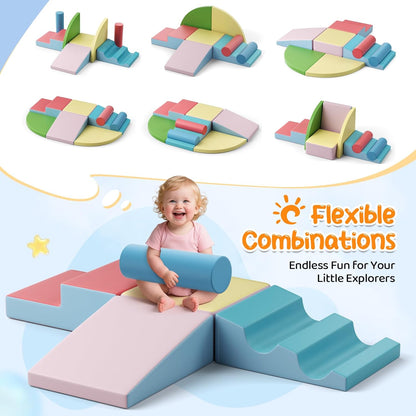 Lischwert Foam Climbing Blocks for Toddlers 1-3, 8pcs Soft Play Set with Crawling Exploration Toys, Indoor Outdoor Infant Safe Blocks for Baby Gym Toddler Playground
