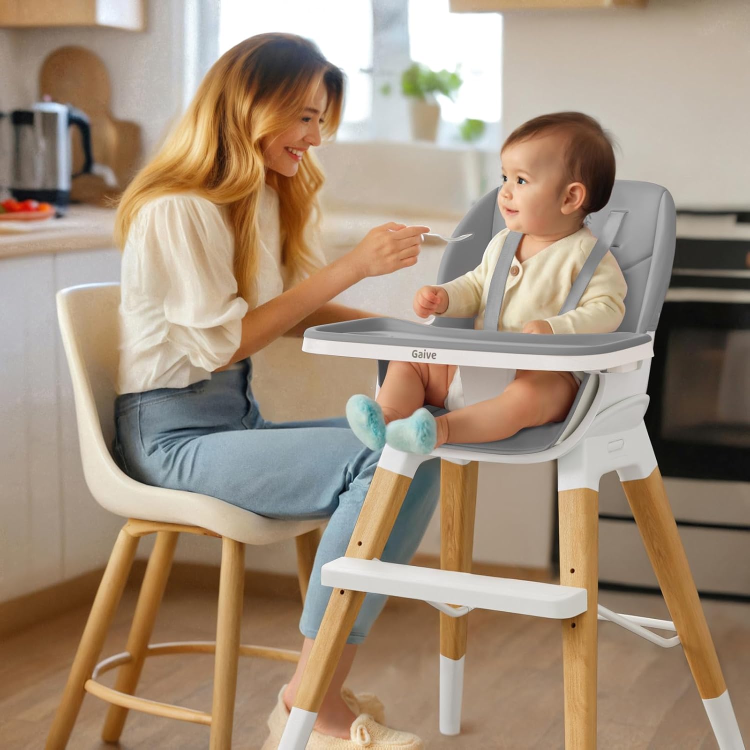 8 in 1 Highchair, Convertible Wooden Baby High Chair with Tray, Adjustable High Chair for Babies