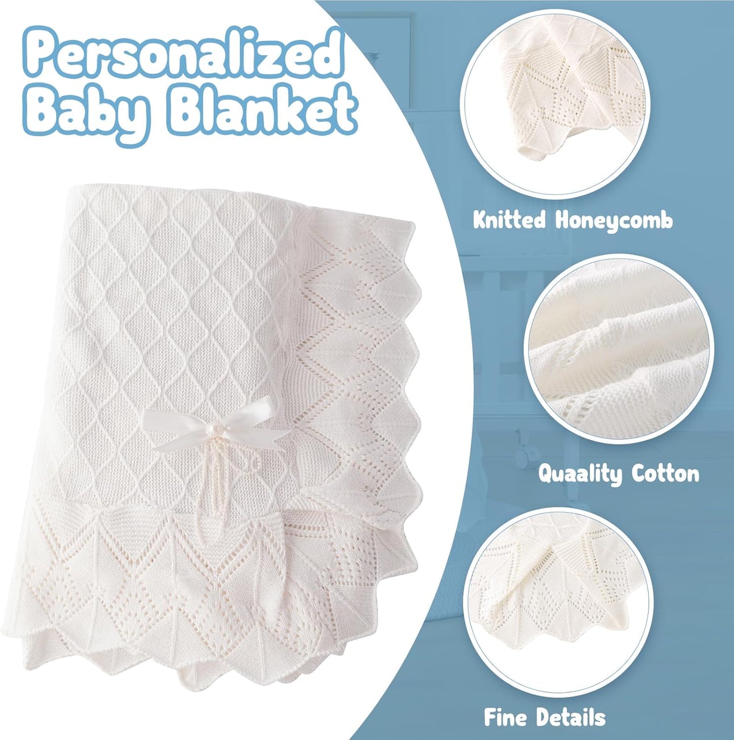 Booulfi Knit White Baby Blankets Neutral,Crib Stroller Newborn Blankets for Boys Girls,Cotton Lace