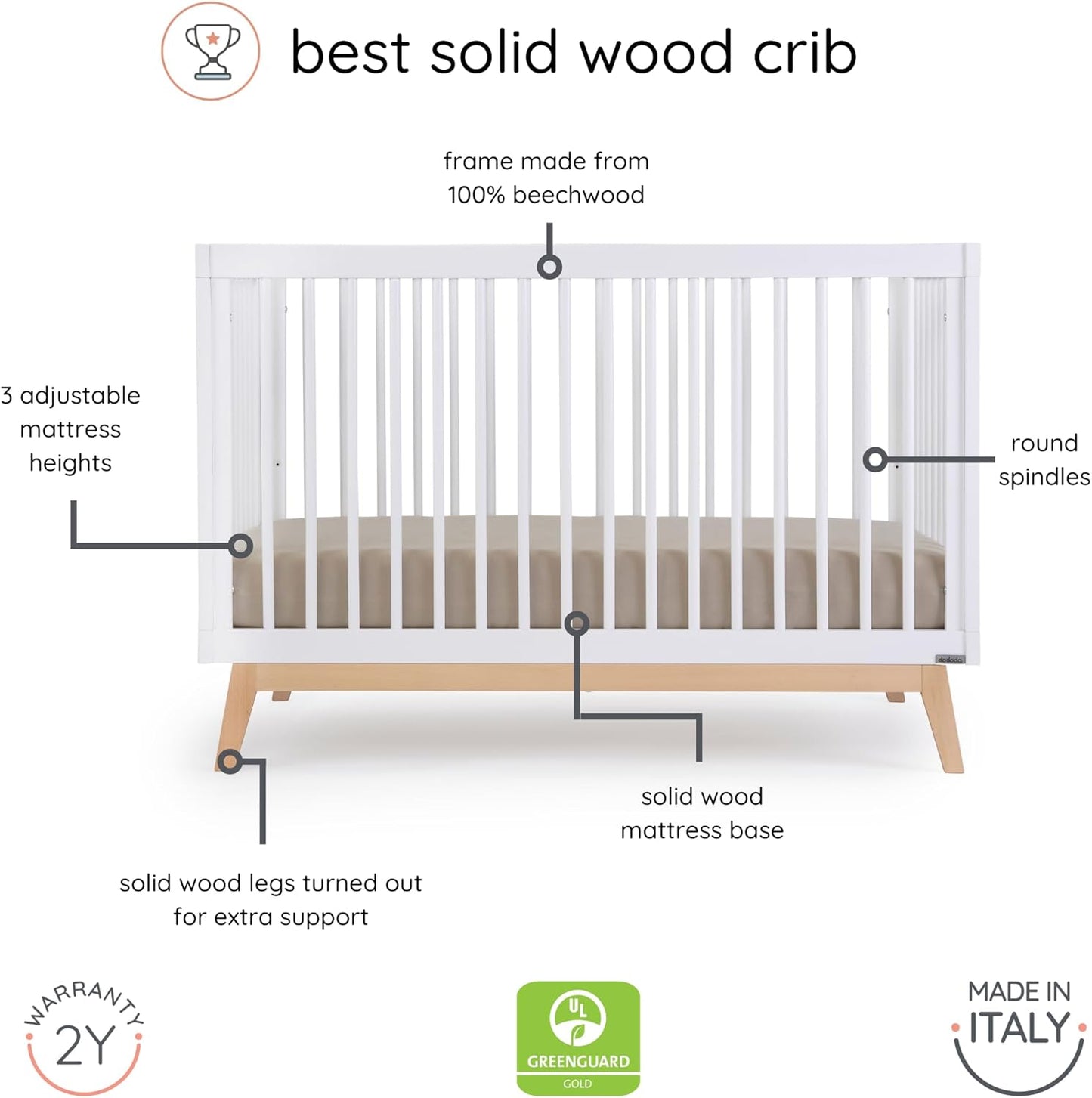 dadada Baby Soho 3-in-1 Convertible Wooden Crib to Toddler Bed - Made in Italy, GREENGUARD Gold Certified, Baby-Safe Finish, Sustainable Beech Wood, Modern Design, 3 Adjustable Heights (White/Natural)