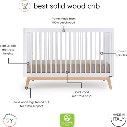 dadada Baby Soho 3-in-1 Convertible Wooden Crib to Toddler Bed - Made in Italy, GREENGUARD Gold Certified, Baby-Safe Finish, Sustainable Beech Wood, Modern Design, 3 Adjustable Heights (White/Natural)