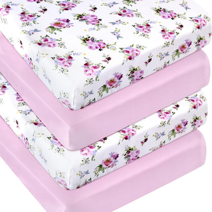 Crib Sheets Girls 4 Pack, Fitted Crib Sheets for Standard Size Crib and Toddler Mattresses, Soft