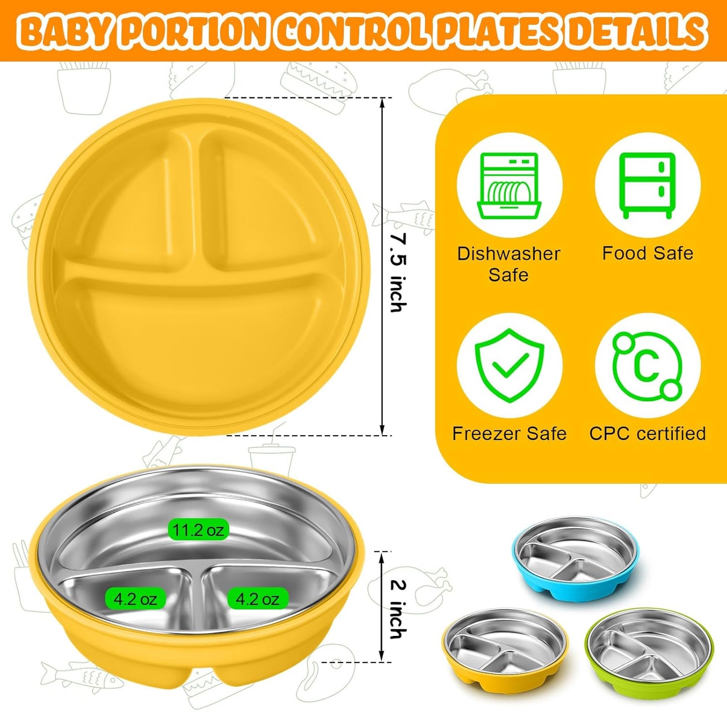 Nuogo 3 Pcs Stainless Steel Baby Suction Plates with Removable Silicone Shell 2-in-1 Metal Toddler Bowl Divided for Picky Eaters Kid Feeding Led Weaning Supply, Dishwasher Safe (Yellow,Blue,Green)