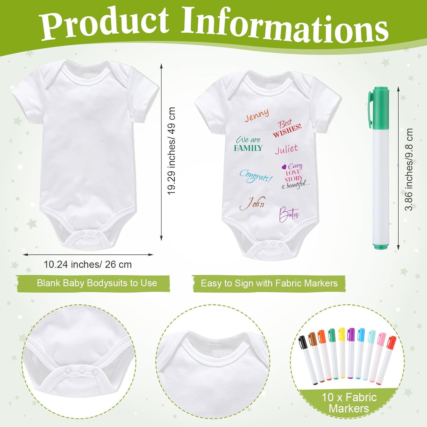 Qunclay 12 Pcs Baby Bodysuit Baby Shower Game Include 1 Game Wooden Sign Tabletop Decor 1 White Blank Newborn Bodysuit 10 Fabric Marker for Gender Reveal Party(Woodland)