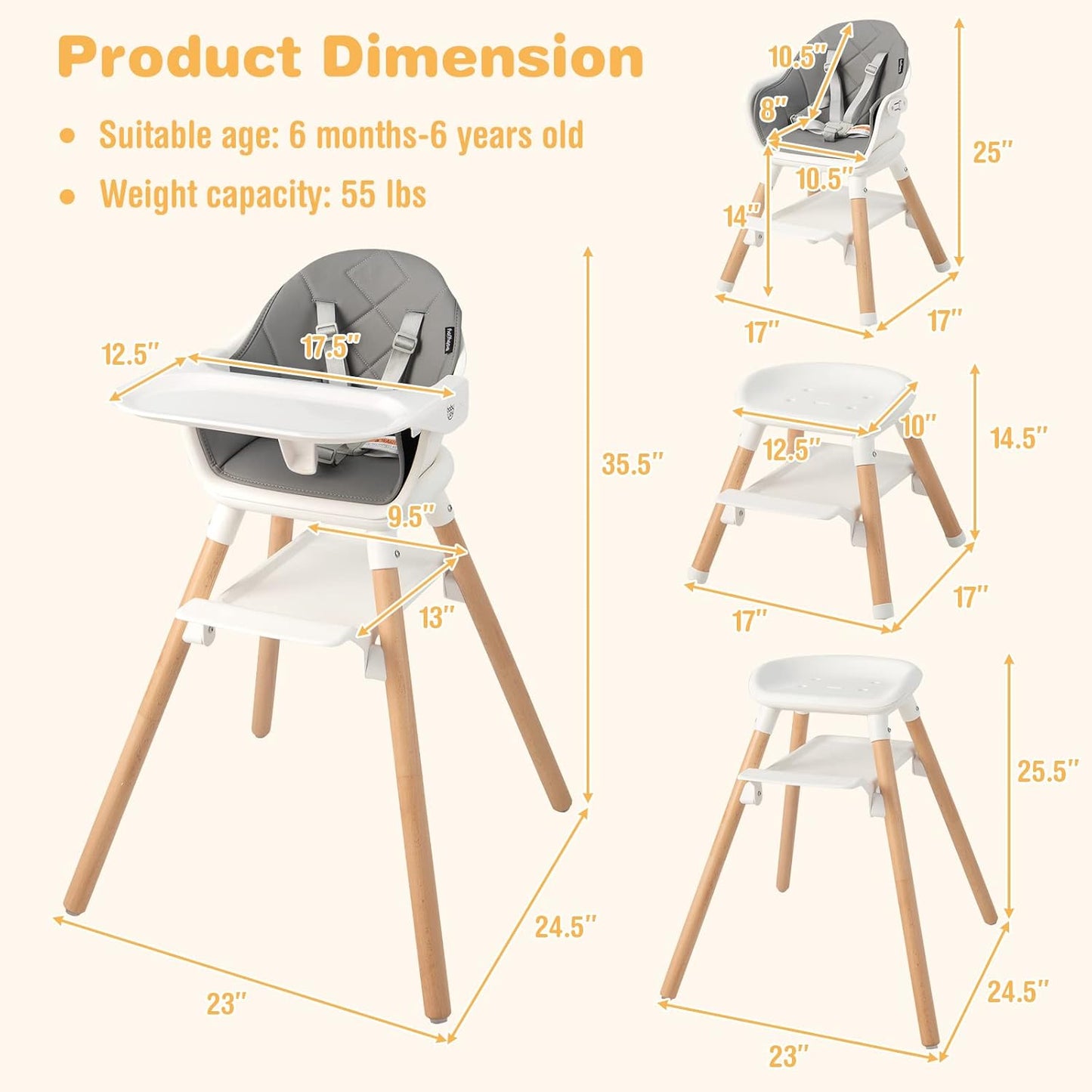 BABY JOY Baby High Chair, 6 in 1 Convertible Wooden High Chair for Babies & Toddlers with