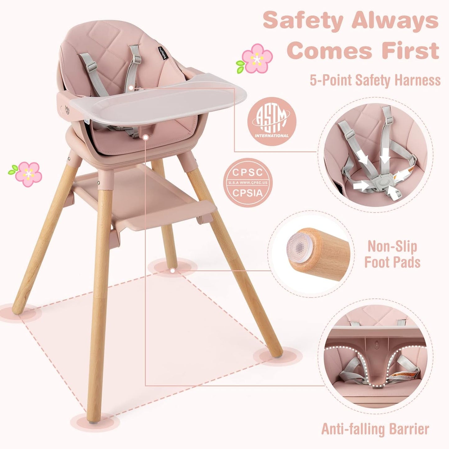 BABY JOY Baby High Chair, 6 in 1 Convertible Wooden High Chair for Babies & Toddlers with