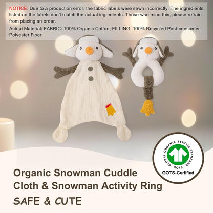 Organic Cotton Stuffed Animal Rattle Baby Toys, Plush Snowman Cuddle Cloth and Hand Grip Ring Rattles Plush Toy Set for Newborns Infant Boys Girls, 2 PCS